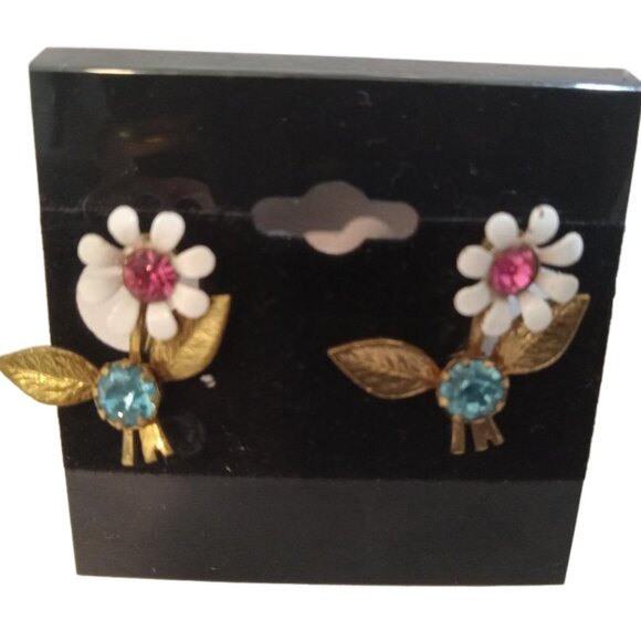 Coro Screwback Signed Earrings Vintage Gold Tone Flower Blue Pink Rhinestones